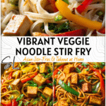 Colorful noodle veggie stir fry with tofu pieces and fresh bell peppers in a bowl